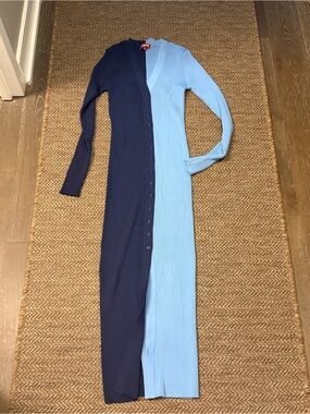 STAUD Two-Tone Ribbed Maxi Cardigan Dress — Navy & Light Blue